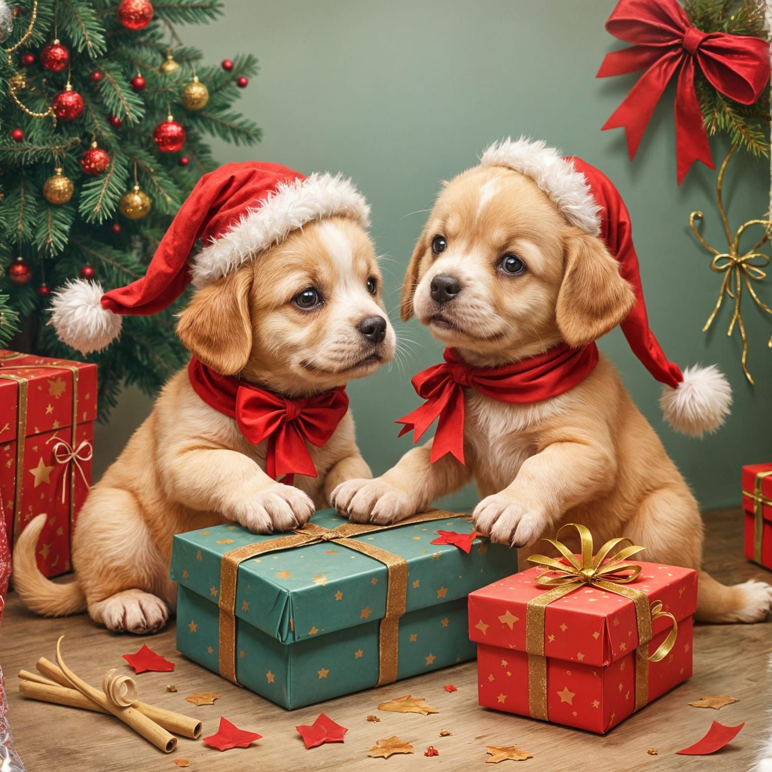 Adorable Puppies Open Christmas Gifts in Whimsical Winter Sc...