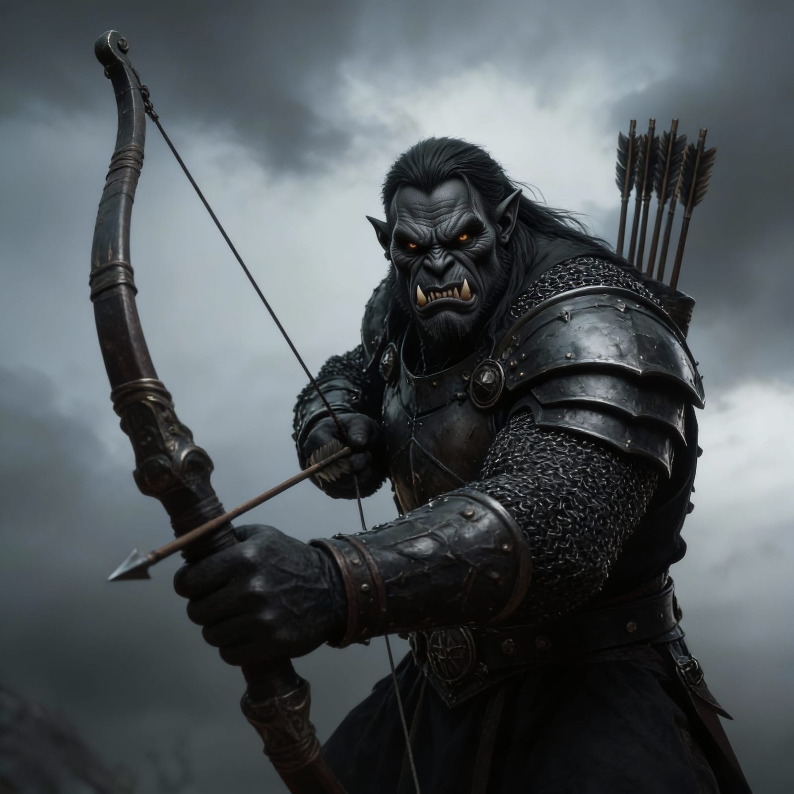 Black Orc Archer in Mail Armor on Gloomy Day