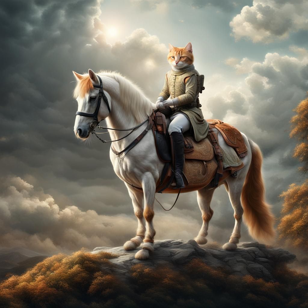 Ginger Cat on White Horse, Digital Matte Painting