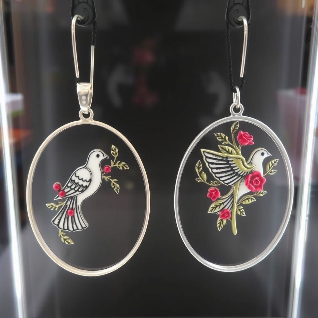 Two Pendants in Display Case with Dove Motifs