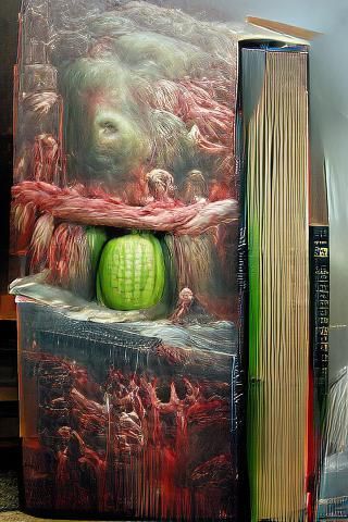 Books and Watermelon in Horror Oil Painting Style