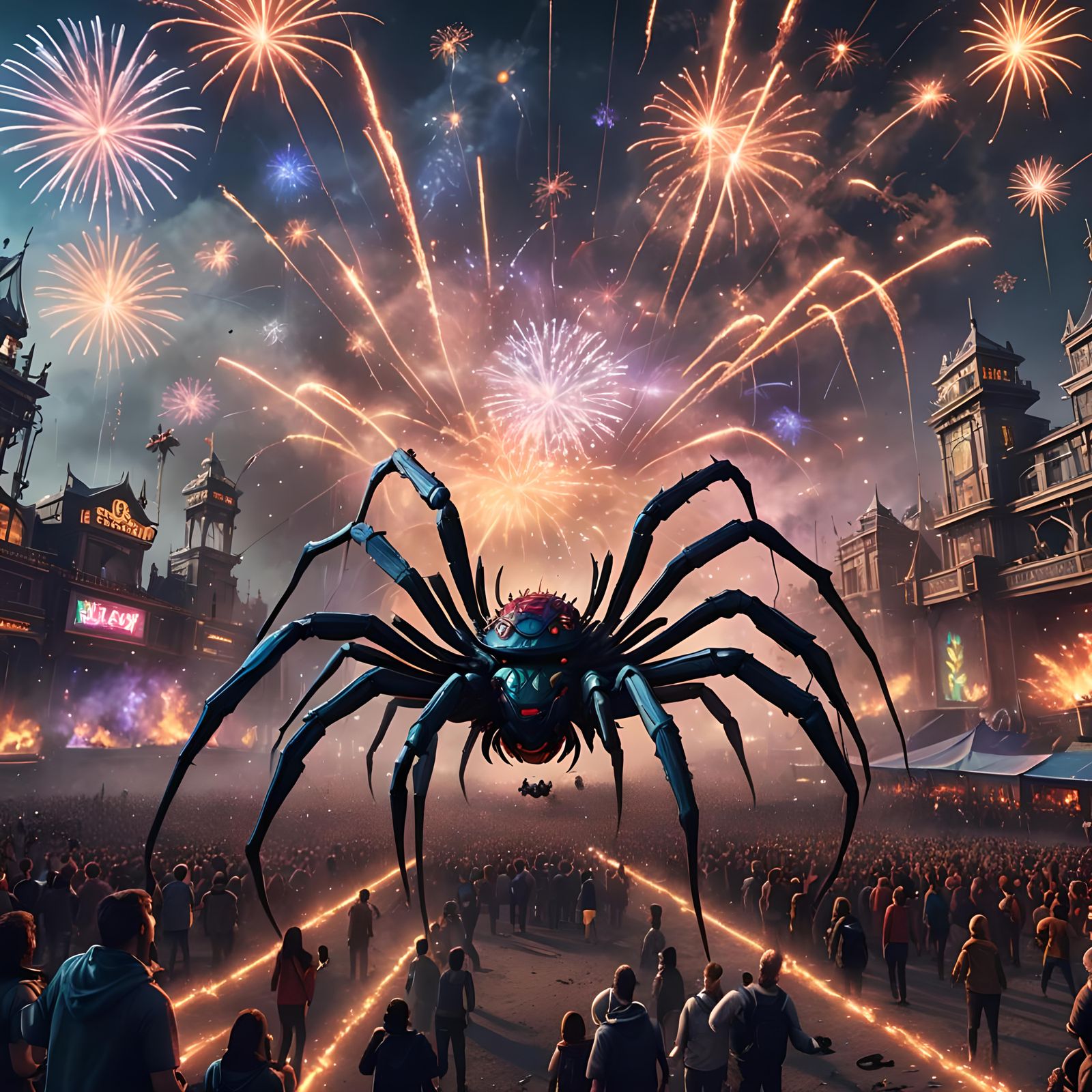 Giant Spider Stage Rave with Fireworks in Detailed Digital A...