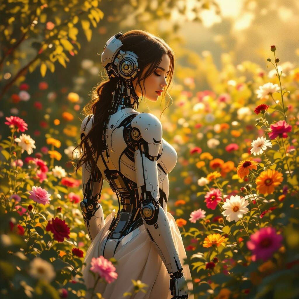 Cyborg Woman in Sun-Drenched Garden, Impressionist Masterpie...