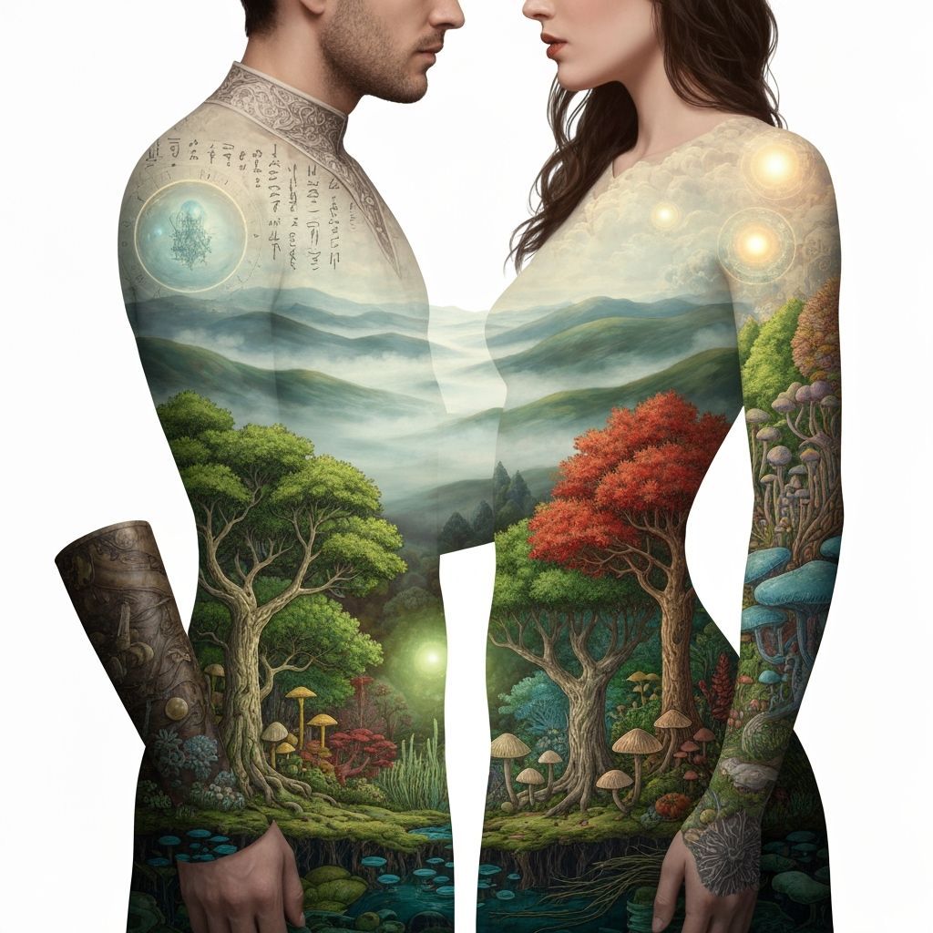 Dreamlike Figures in Ethereal Mixed-Media Landscape