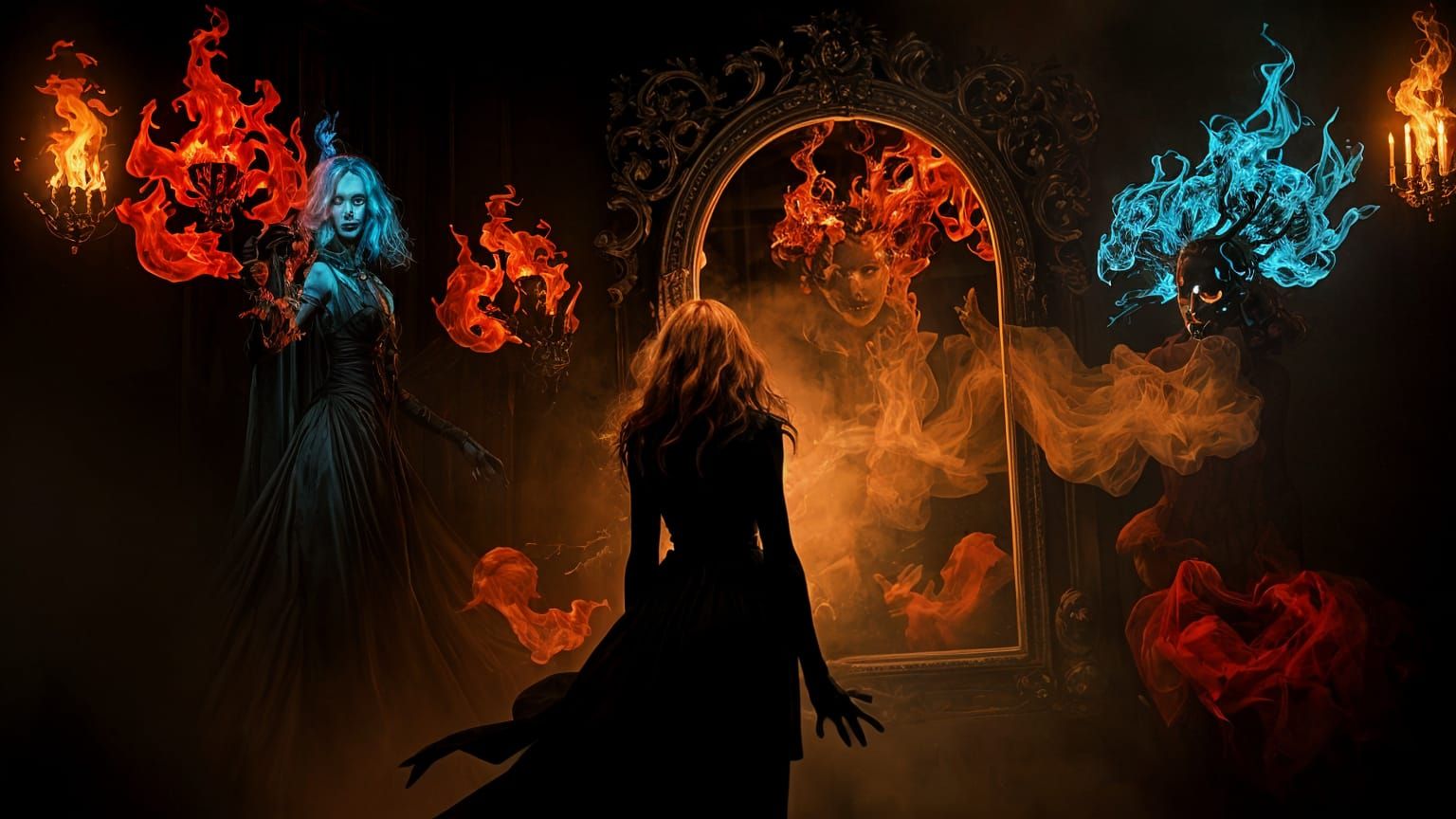 Surreal Room with Flaming Woman and Ghostly Figures