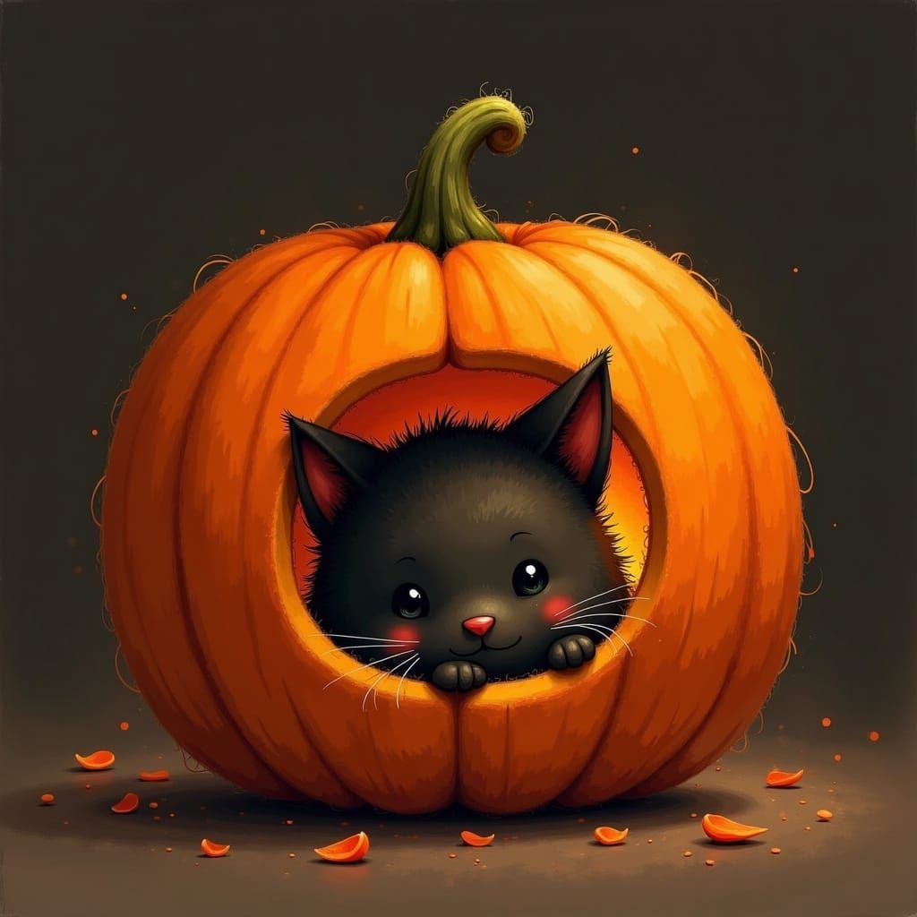 Black Cat Curled in Glowing Jack-o'-Lantern