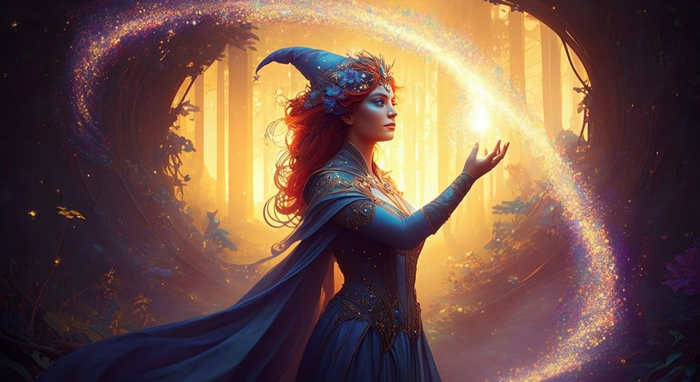 Mystical Sorceress Conjuring Stardust in Ethereal Forest