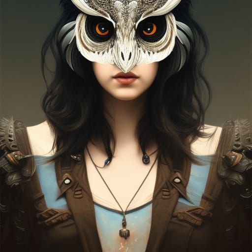 Girl with Owl Mask: Detailed Art Nouveau Portrait
