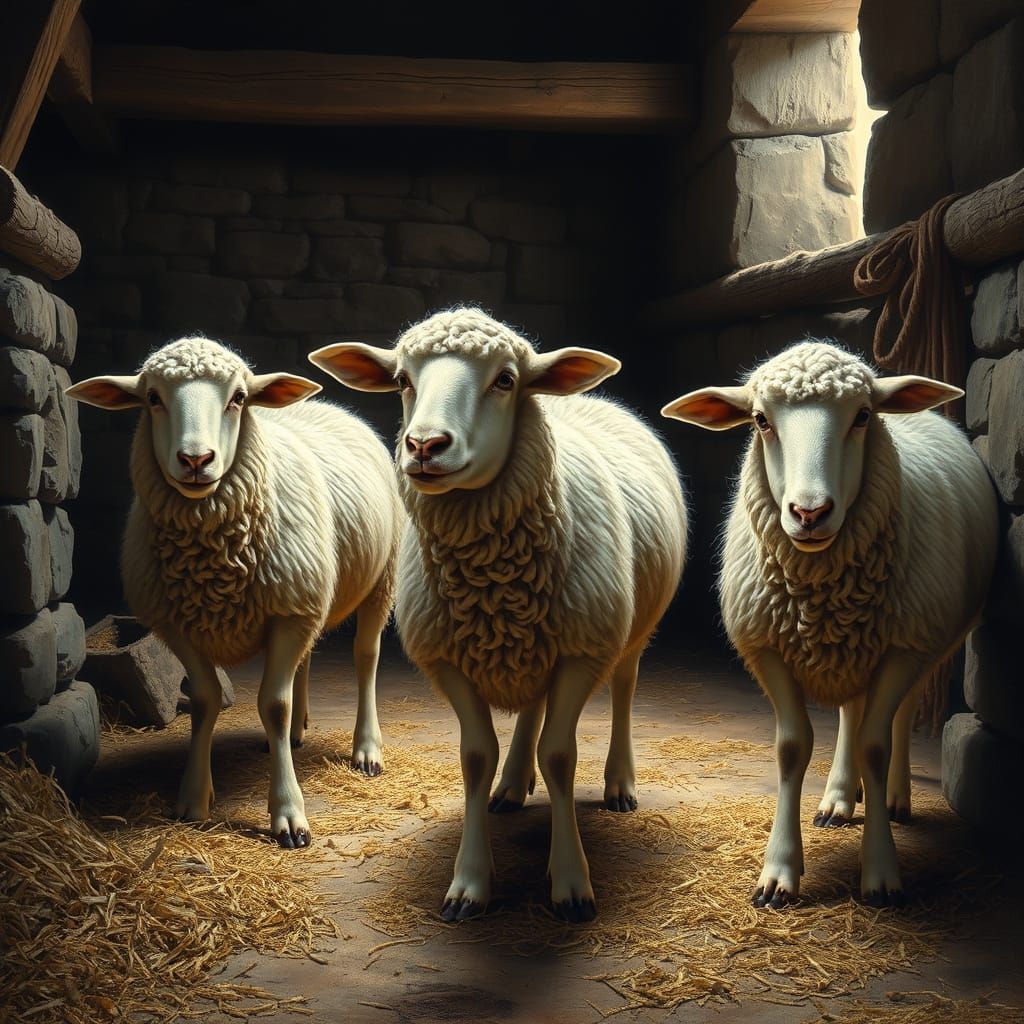 Sheep in a Rustic Barn in Hyperrealistic Style