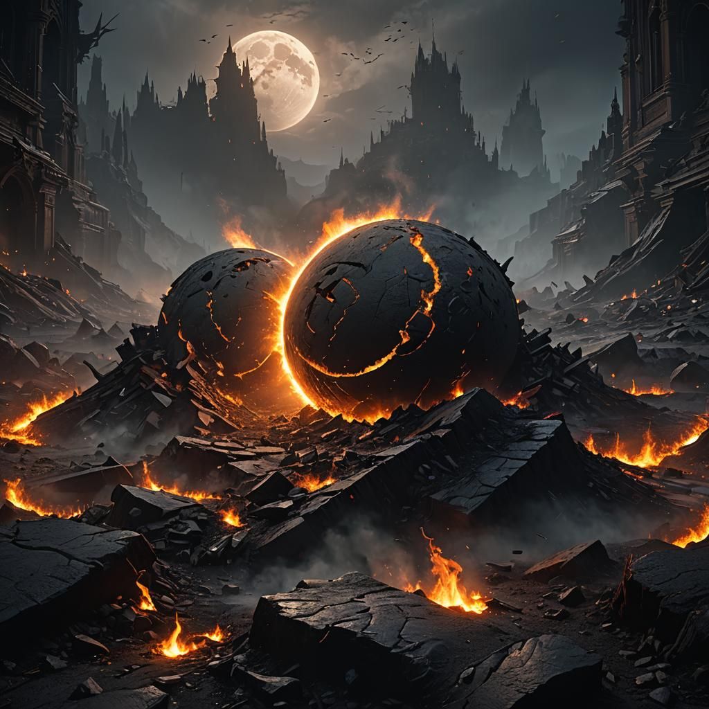 Burning Moons Fall in Dark Fantasy Landscape