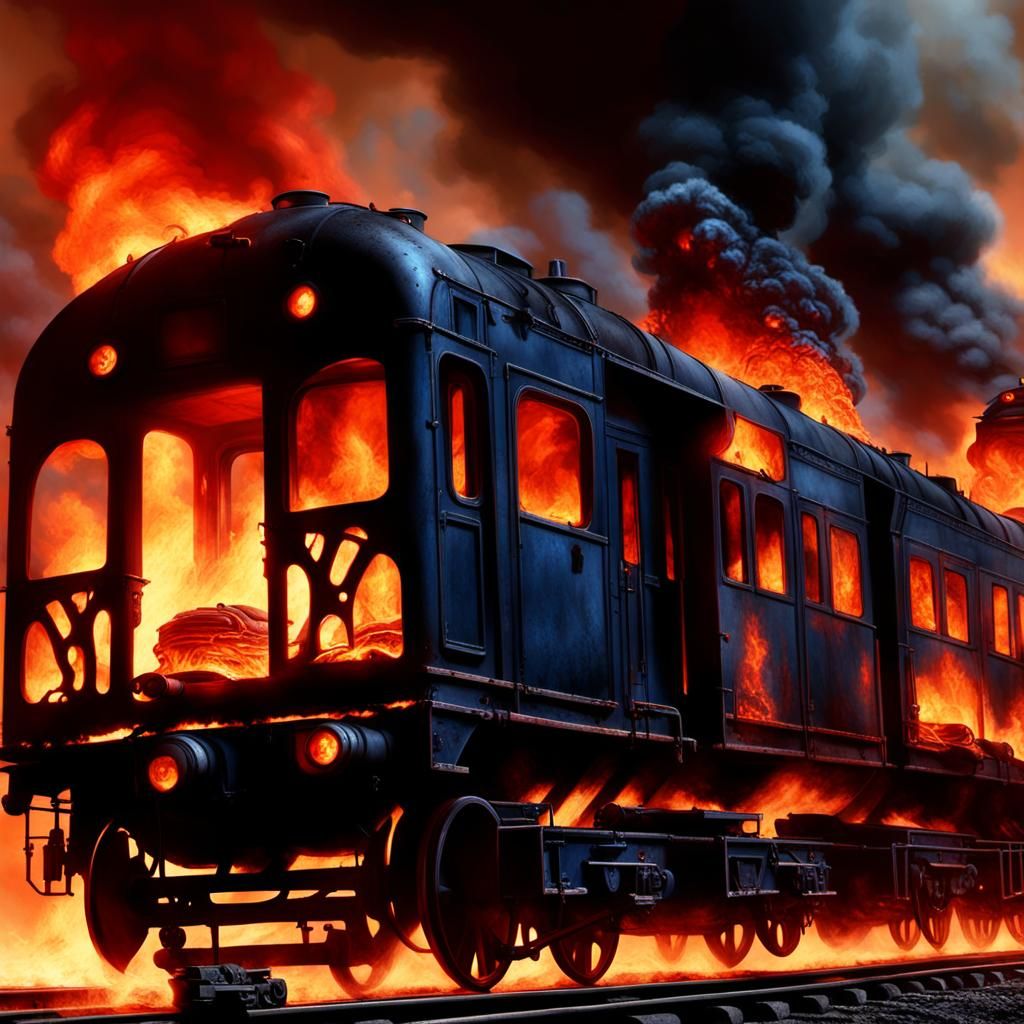 Hellish Train Speeds Through Dark Landscape