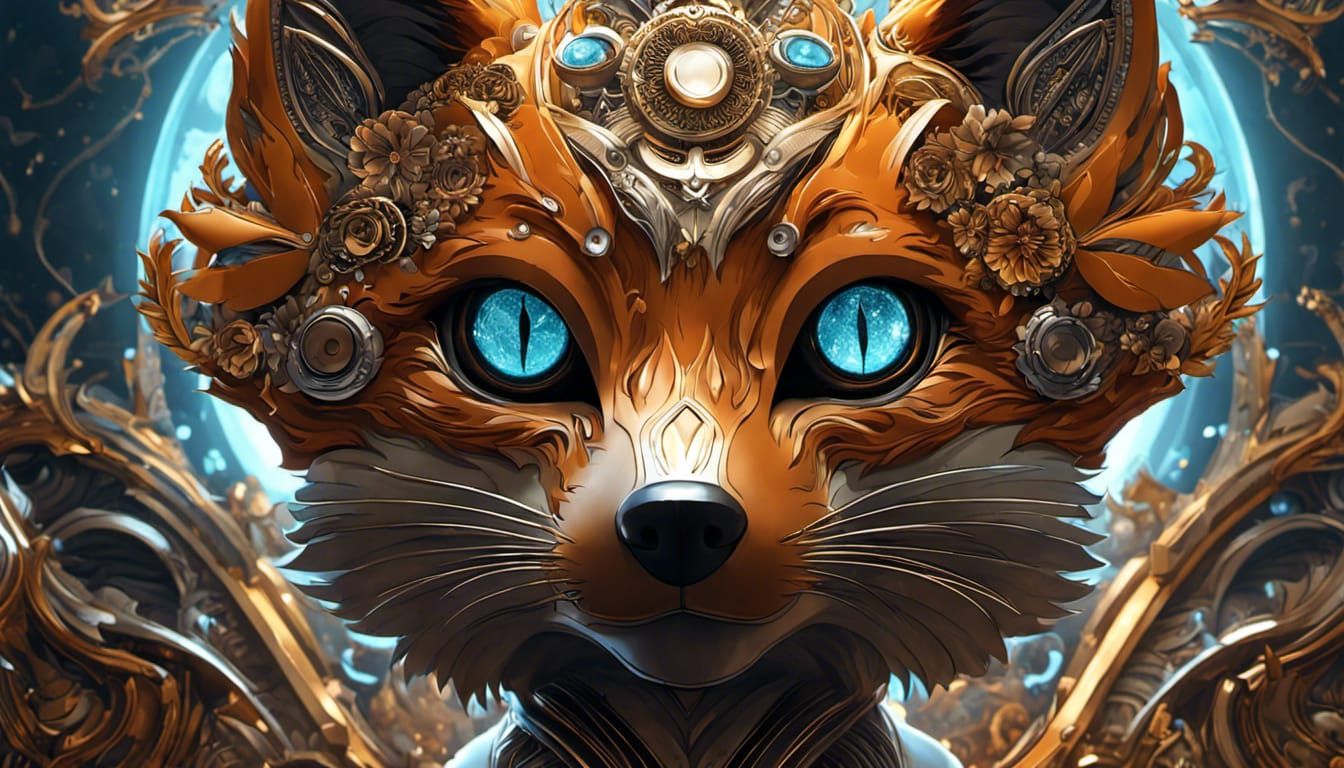 Filigree Floral Chibi Fox in Cyberpunk Style