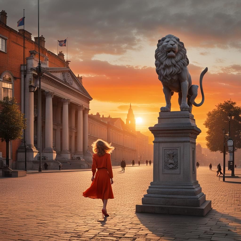 Sunset Scene with Stone Lions and UK Flag