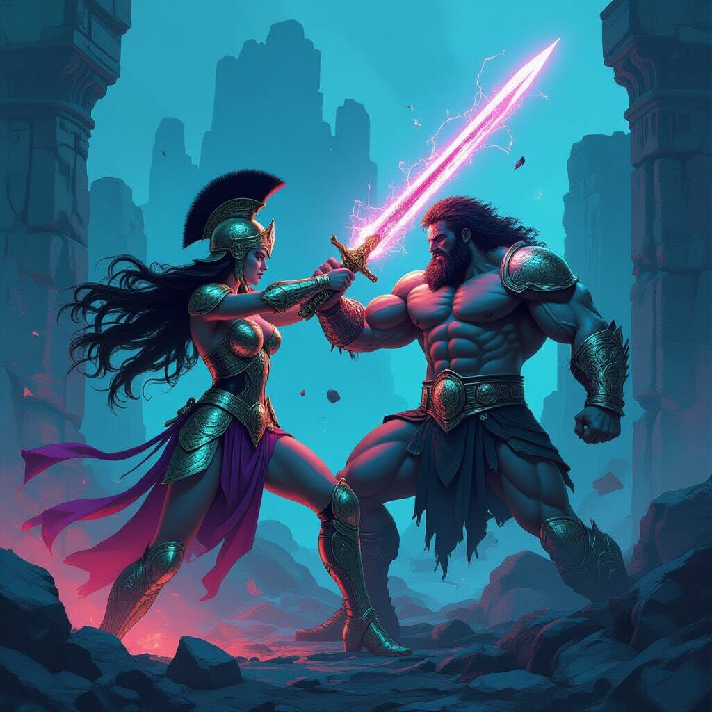 Goddess Warrior vs. Hercules in Neon Ruins with Plasma Sword