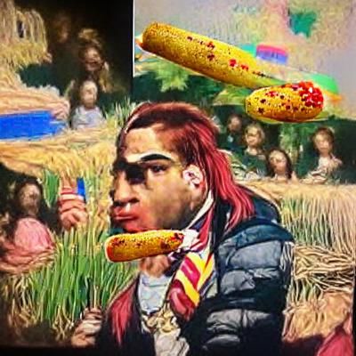 6ix9ine Eats a Corn Dog in Pre-Raphaelite Style
