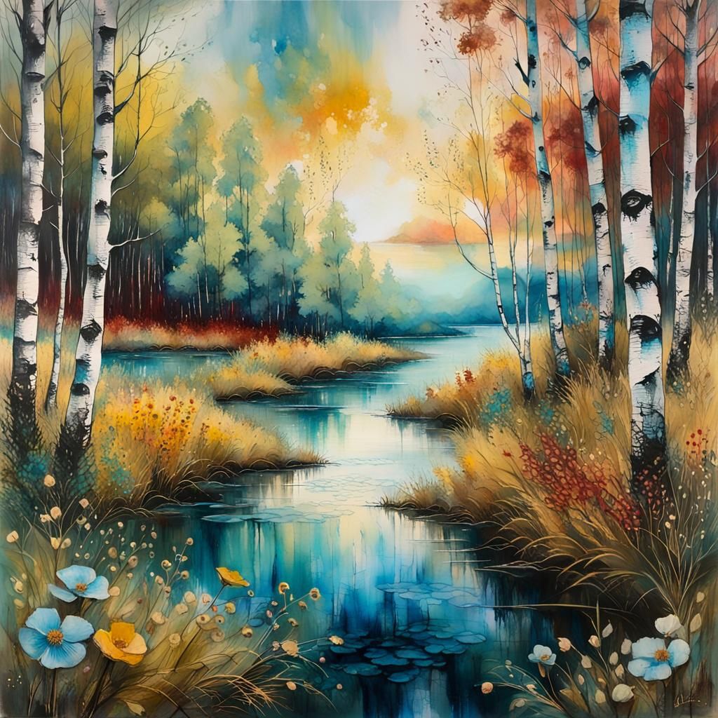 Misty Birch Forest with Sunset Lake, Encaustic Mixed Media
