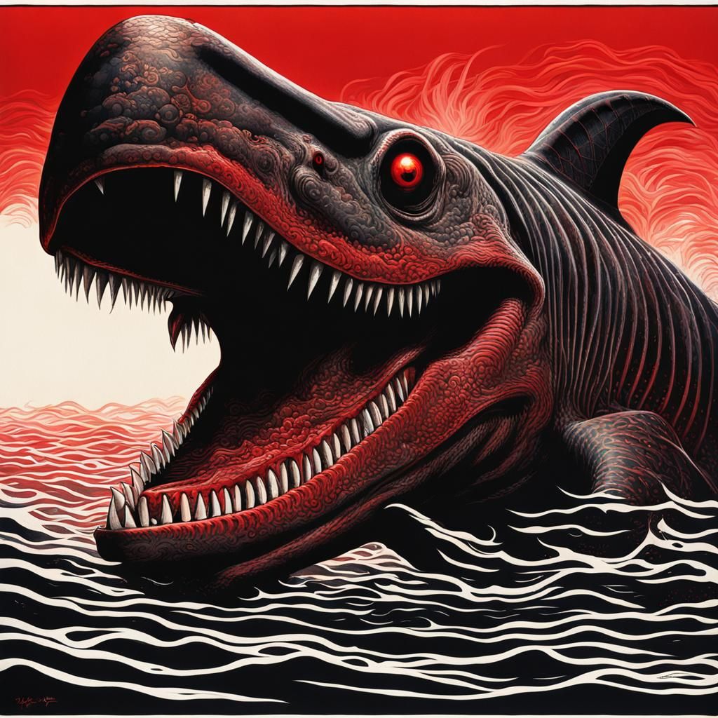 Menacing Shark-Headed Plesiosaur in Giger Style