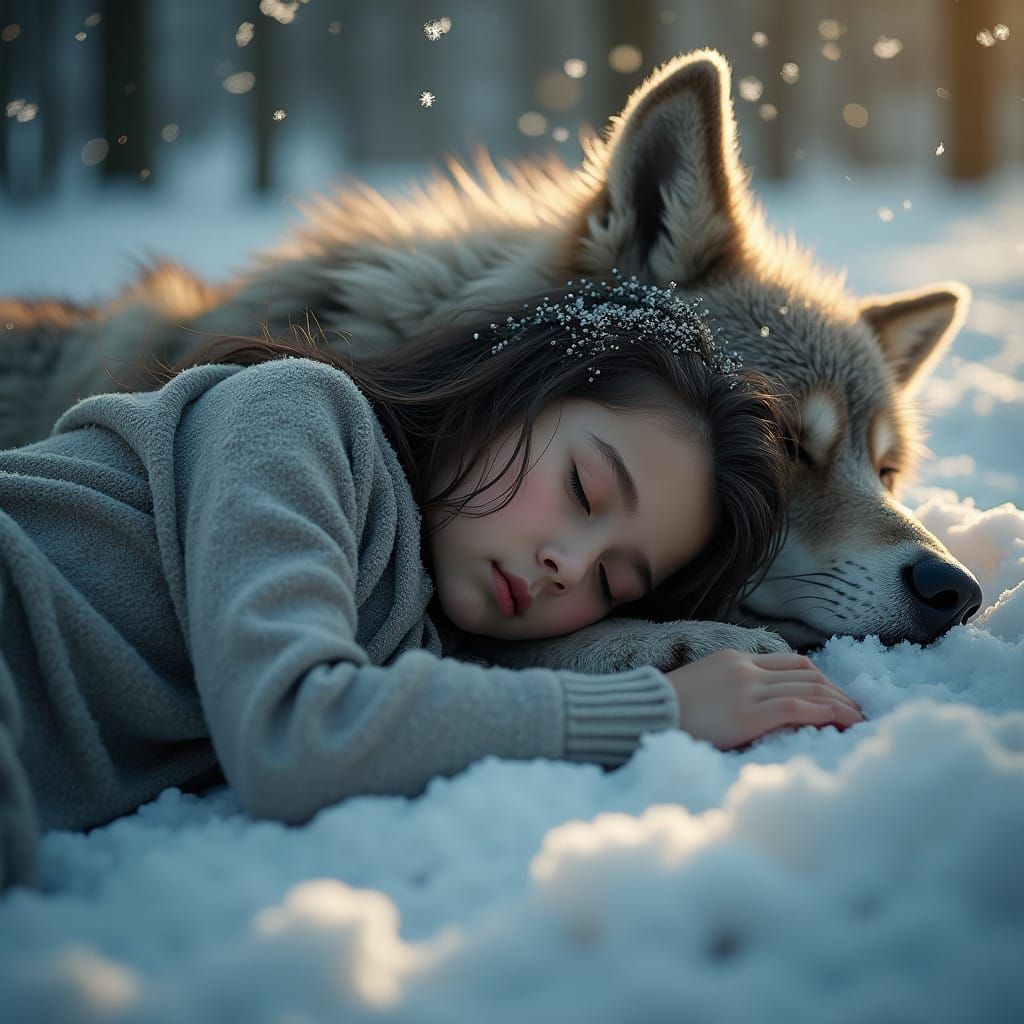 Girl in Serene Winter Wonderland on Majestic Gray Wolf's Bel...