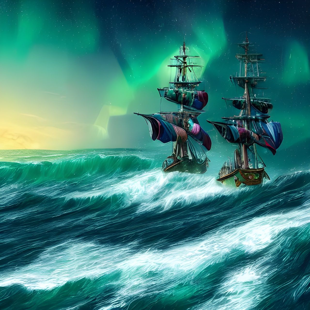 Pair of Galleons in rough seas, with an aurora overhead