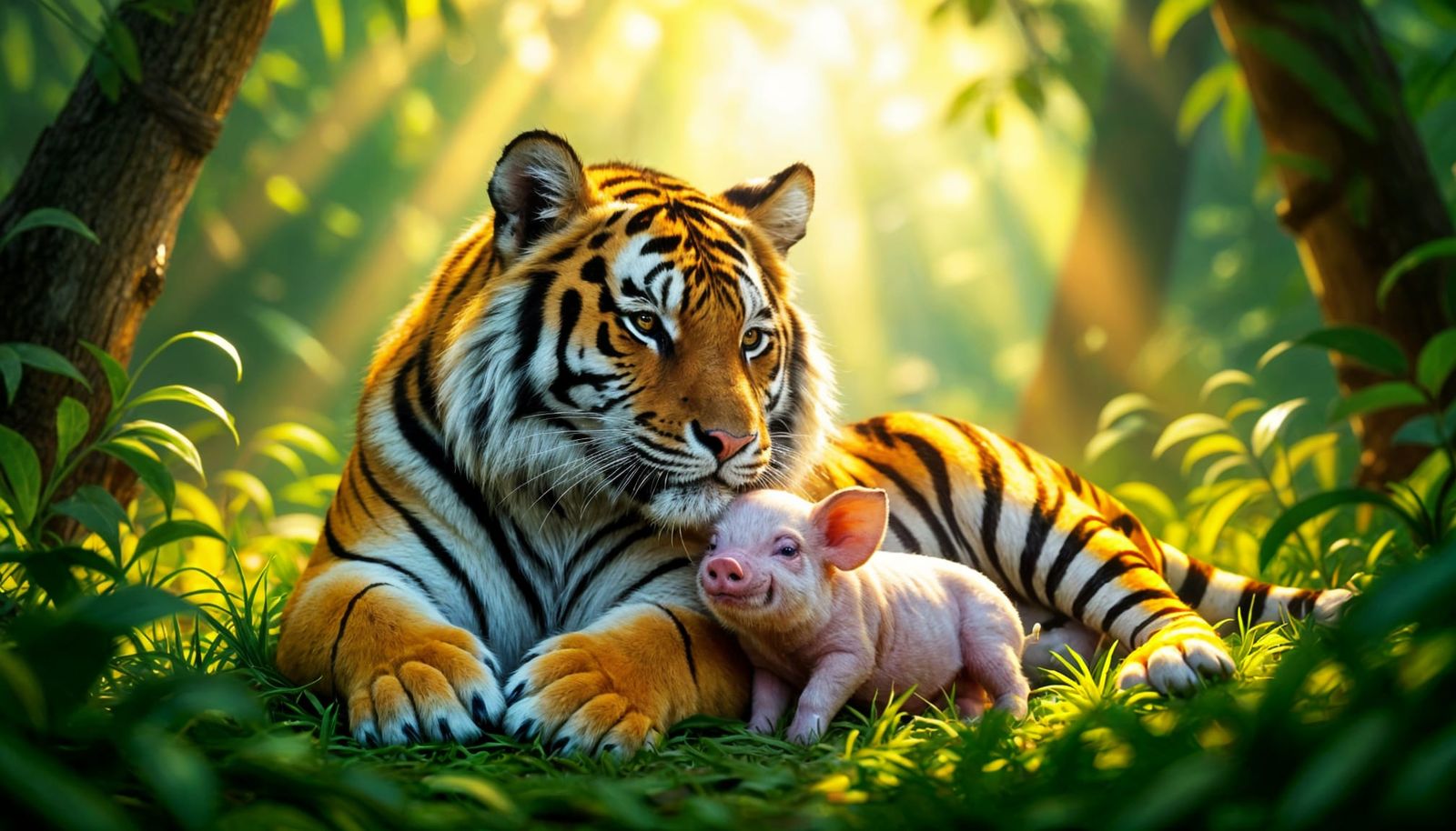 Majestic Tiger Cuddles Piglet in Golden Jungle Sunlight