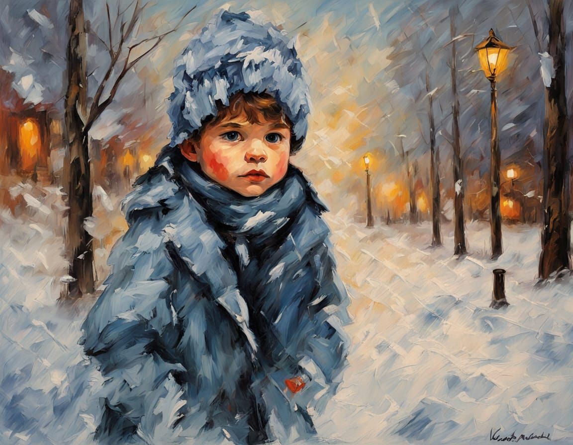 Boy Shelters Kitten in Fierce Snowstorm Impressionist Painti...
