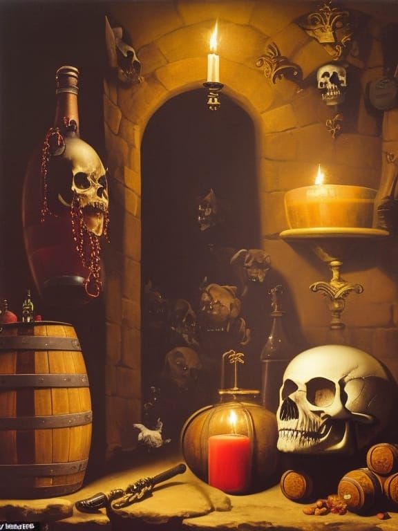 Gothic Wine Cellar with Cat in Dark Fantasy Style