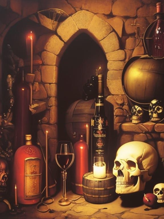 Gothic Wine Cellar with Black Cat, Oil on Canvas