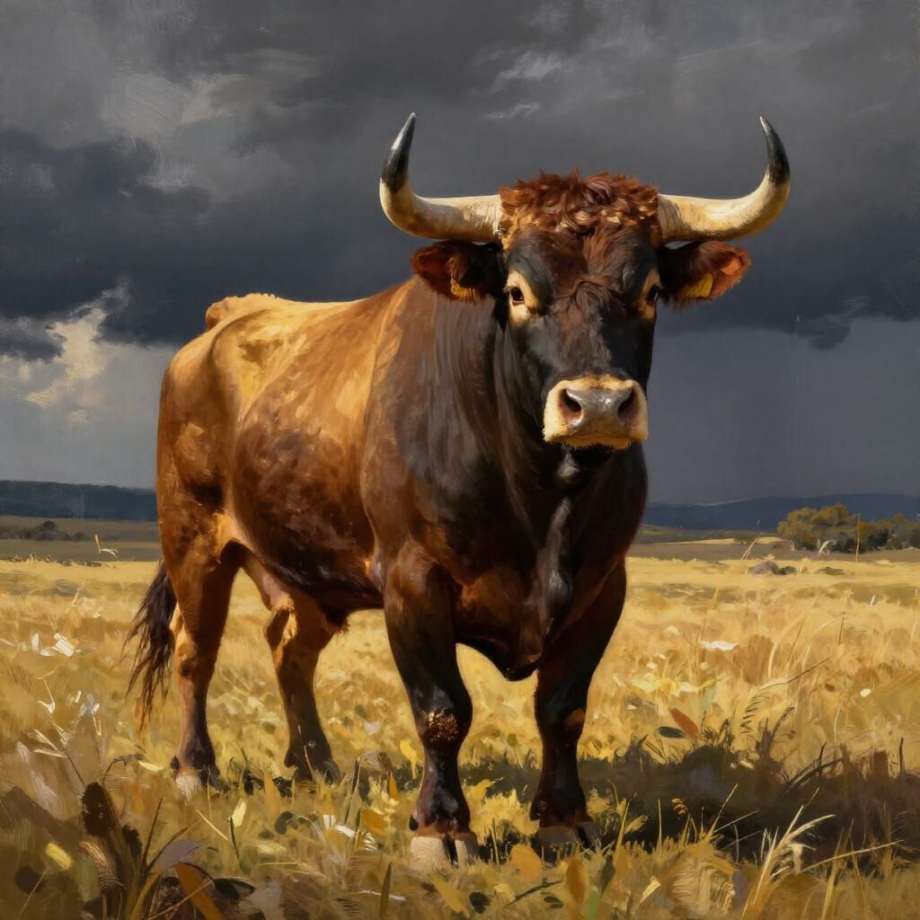 Powerful Bull on Prairie in Dramatic Golden Hour Light
