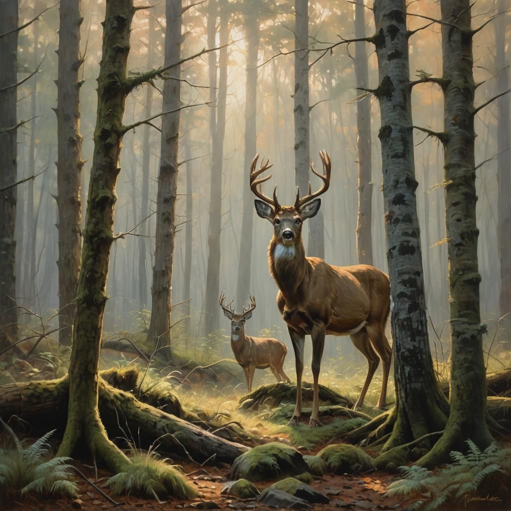 Whitetail Buck in Misty Woods: Impressionistic Oil Painting
