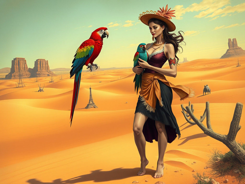 Surreal French Maid with Parrot, Salvador Dali Style