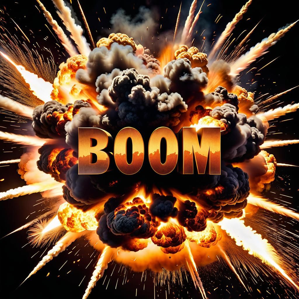 Hyperdetailed Explosion with Flying Text in Gritty Style