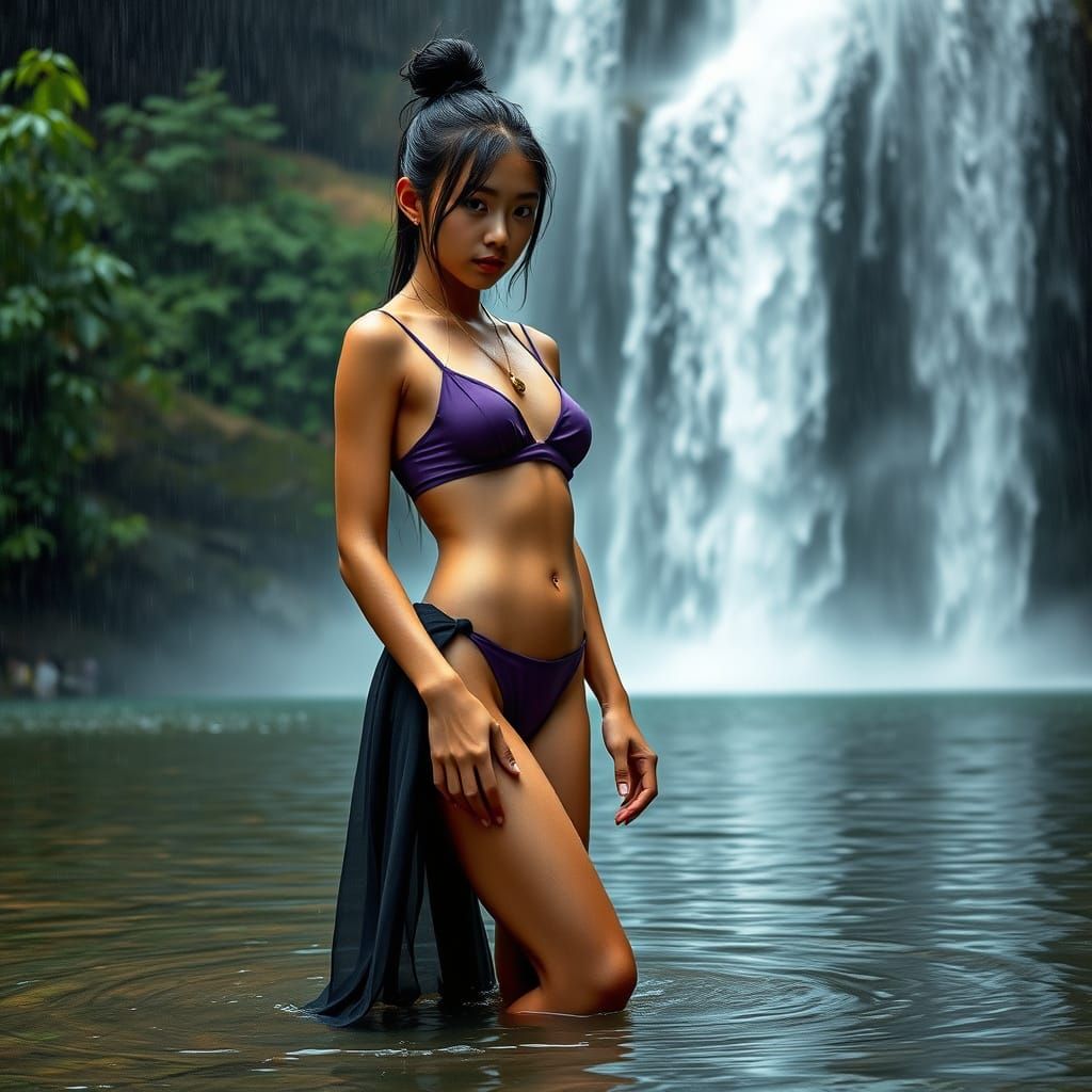 Woman in Waterfall's Embrace: Photo-Realistic Image