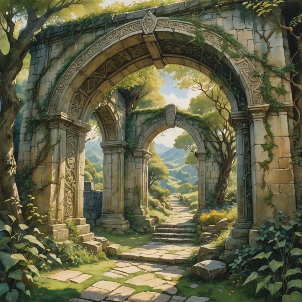 Shire Temple Entrance in Alan Lee Watercolor Style