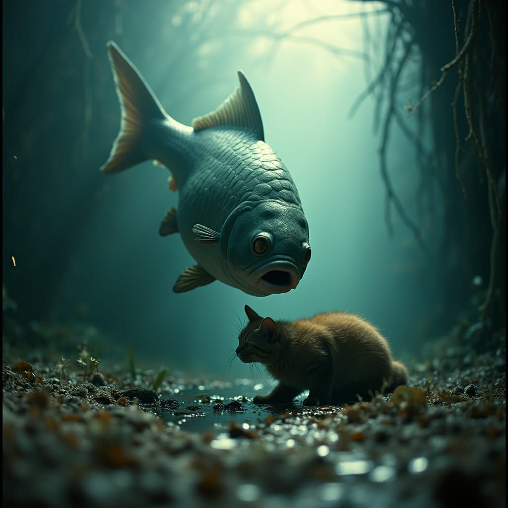 Fish Eats Cat: A Cinematic Underwater Scene