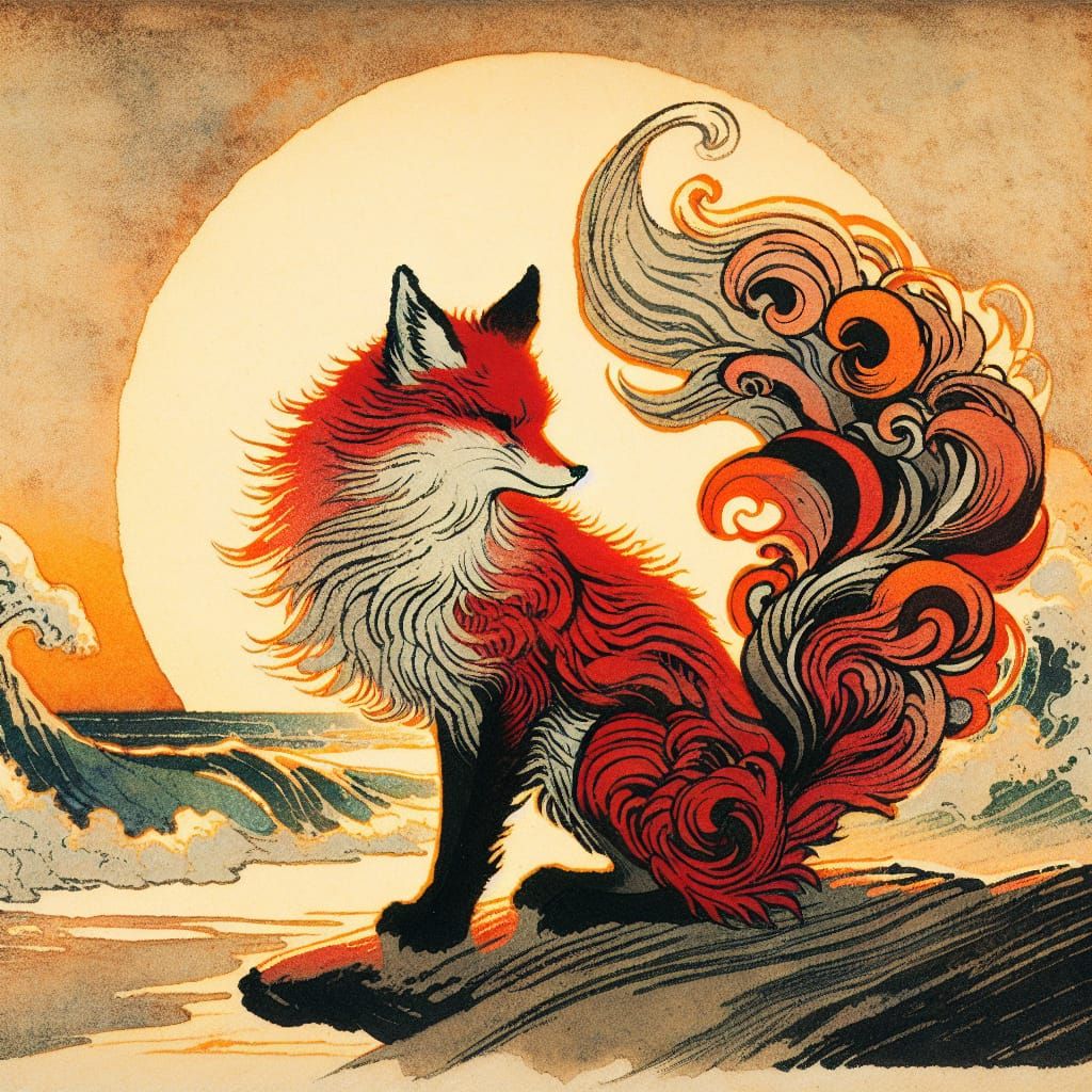 Red Fox at Sunrise in Post-Impressionist Watercolor