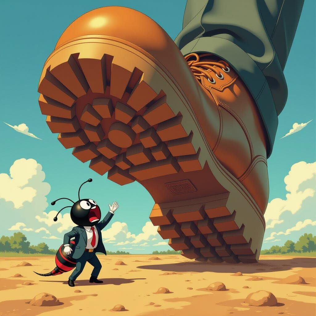 Terrified Ant Faces Giant Boot in Vibrant Modern Art Style