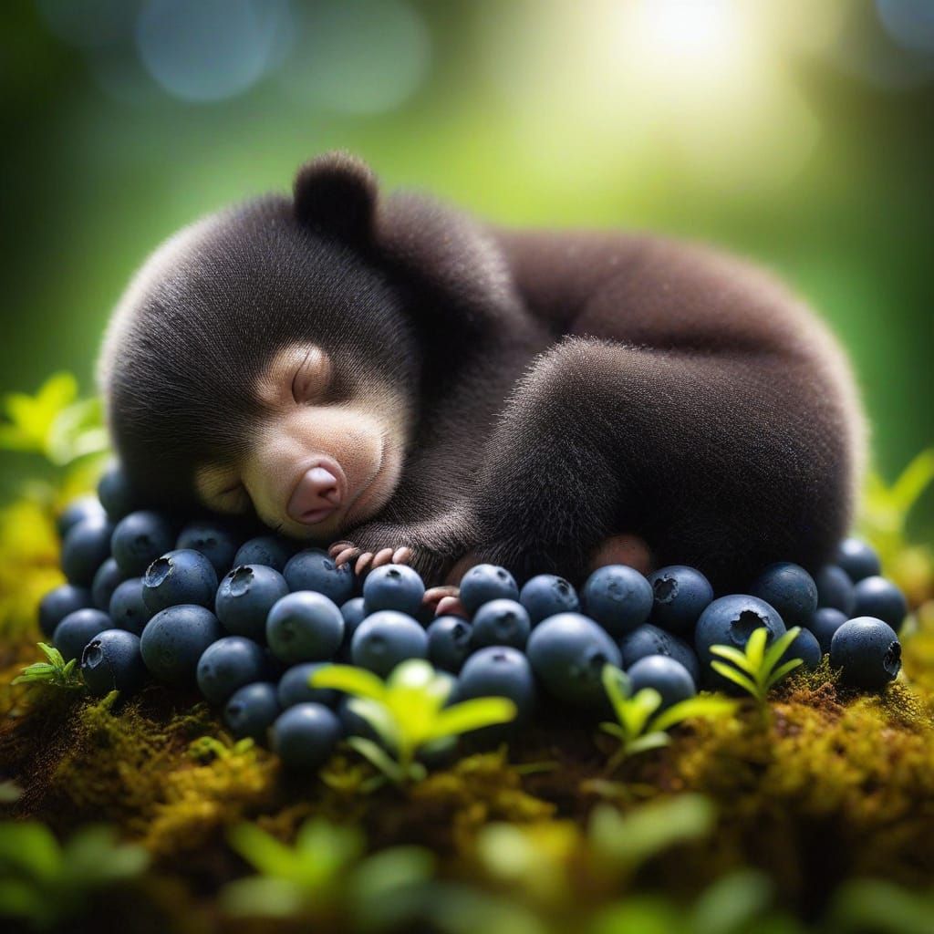 Sleeping Sun Bear Cub in a Blueberry Forest