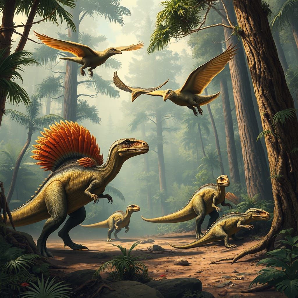 Feathered Dinosaurs Evolving into Birds in Lush Forest