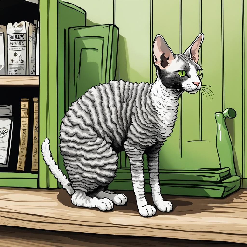 Curly-Coated Cornish Rex Cat in Comic Art Style