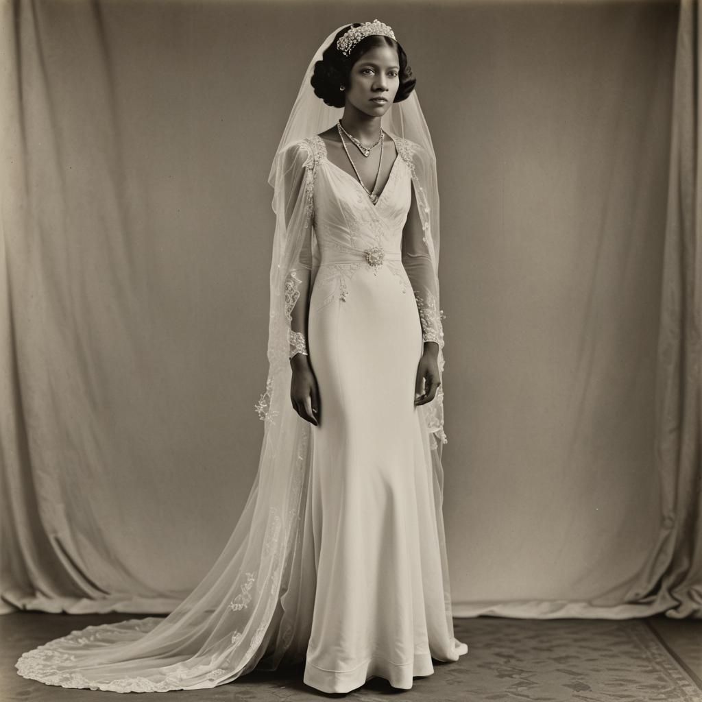 Elegant Bride in White Gown: Vintage Photograph