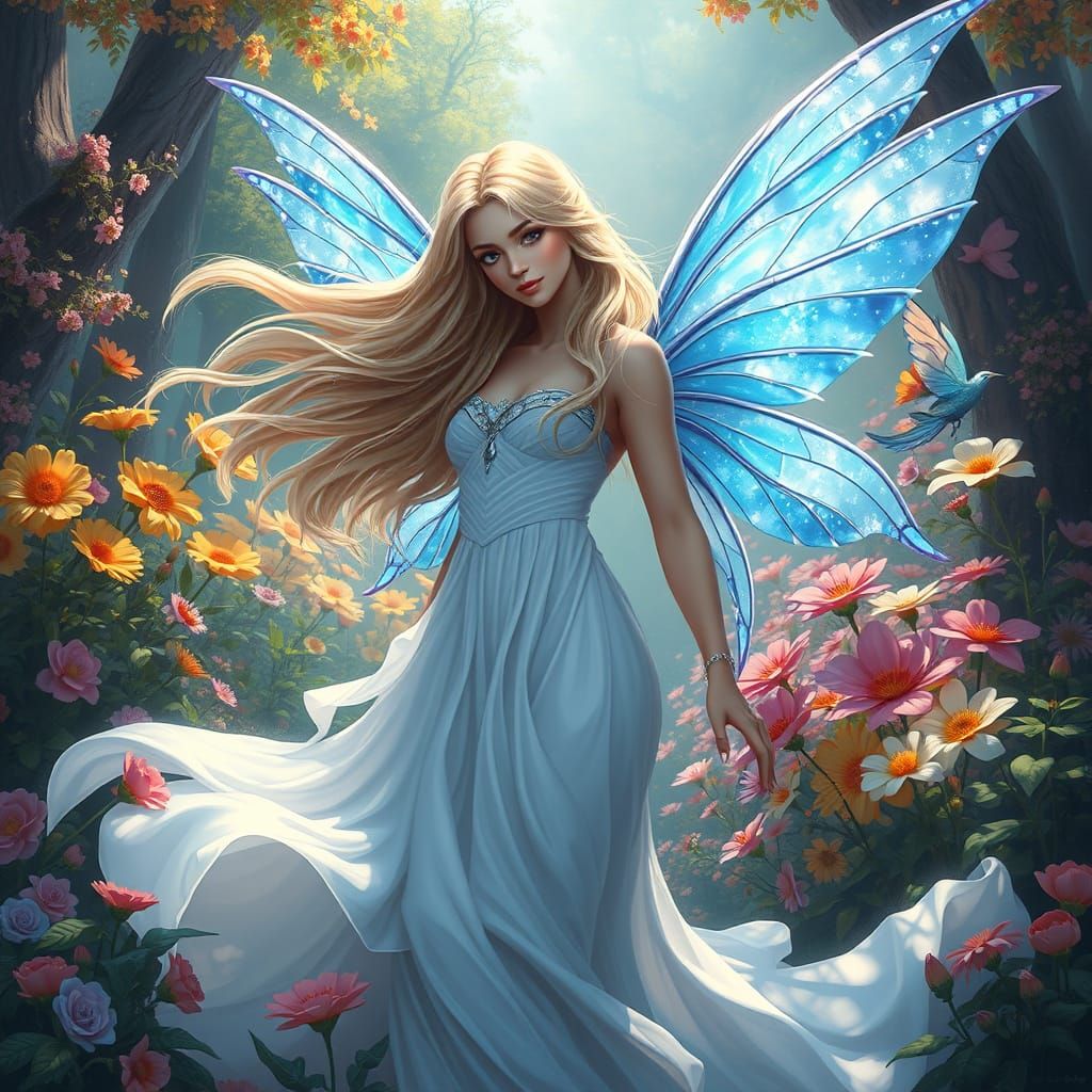 A fantasy scene depicts a beautiful fairy with flowing blonde hair and shimmering blue wings. Surrounded by vibrant flow...