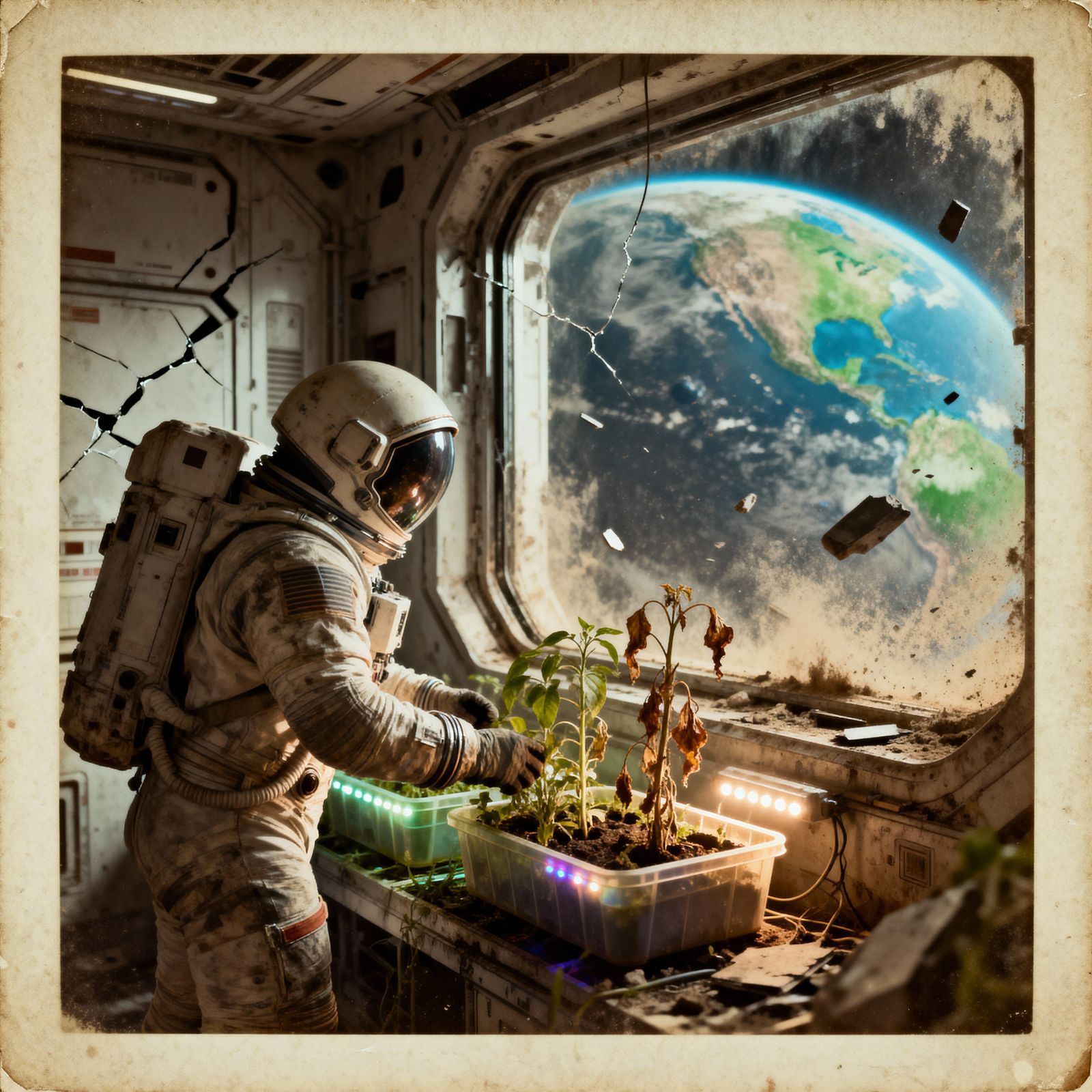 Astronaut Tends Garden on Orbital Station, Earth View