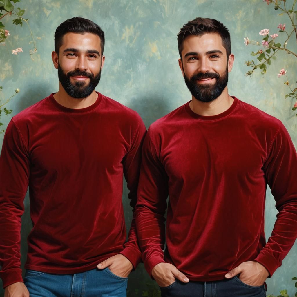 Serene Garden Portrait of Two Men in Oil Paint