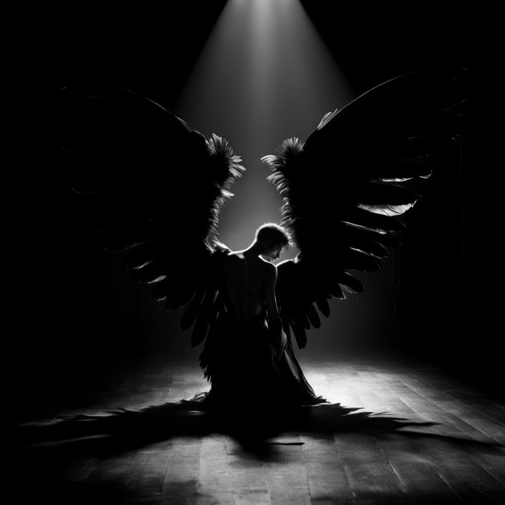 Mysterious Figure with Wings in a Dark Room
