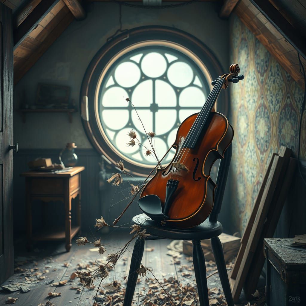 Ethereal Violin in Dusty Attic Circle Window