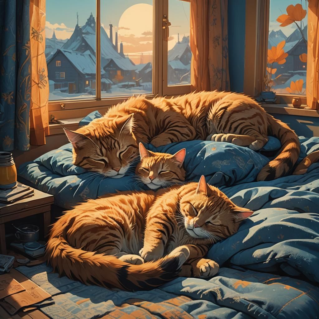 Two Cats Sleeping in Golden Light, Digital Art