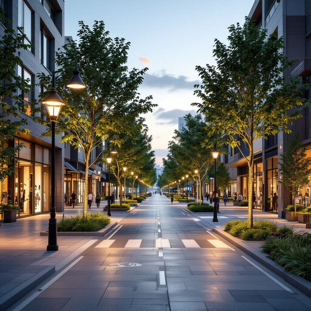 Modern Urban Street Design Concept with Bike Lanes and Green...