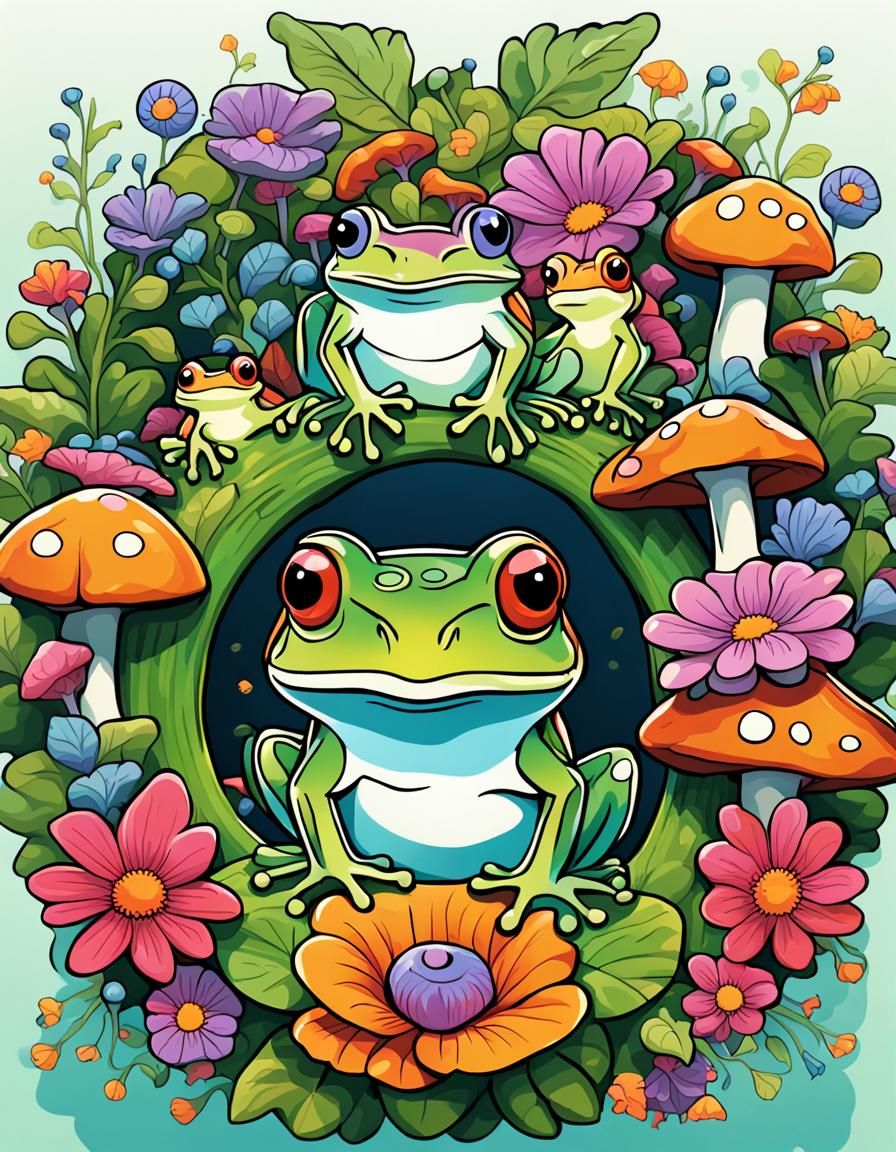 Cottagecore Frogs in Floral Wreath, Vector Art