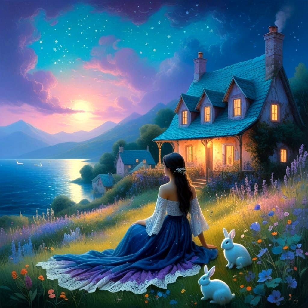 Romantic Dark Haired Woman Enjoys Wildflowers and Quaint Cot...