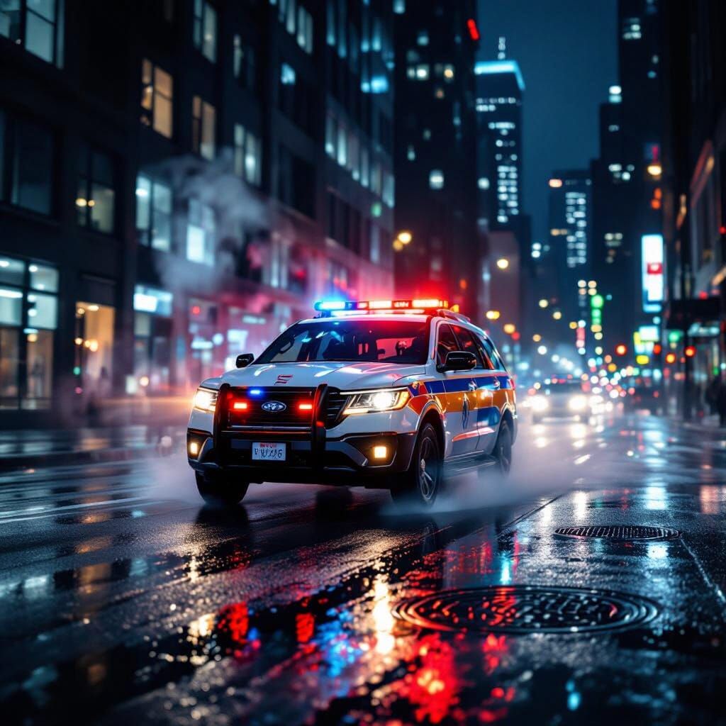 Ambulance Speeds Through Dark City Street at Night